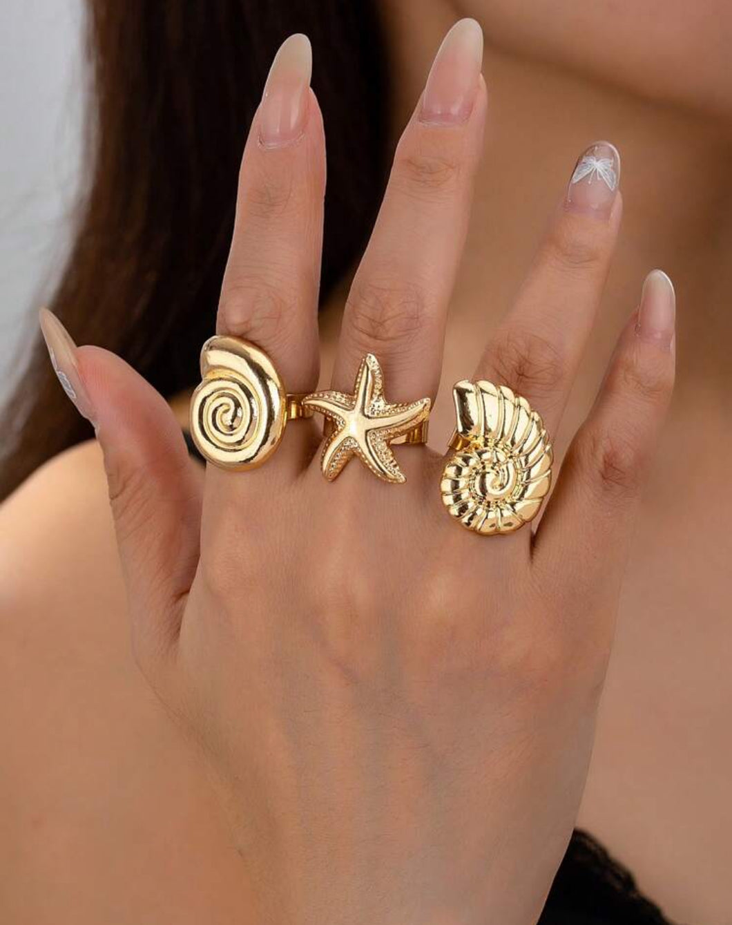 3 قطع / طقم خواتم معدنية ذات طبعة عنصر البحر المبالغ فيها، ذات طابع شخصي وأناقة، بنمط نجمة البحر والصدف المكونة من عناصر البحر، إكسسوار أساسي للشاطئ والعطلات