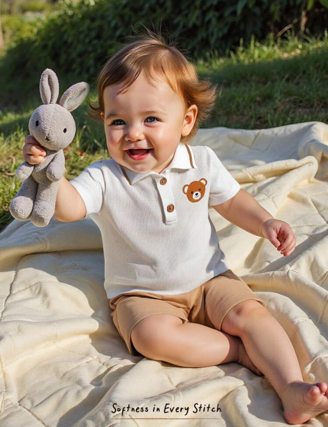 Cozy Pixies مجموعة مكونة من قطعتين للرضع من البنين/البنات: ملابس علوية بياقة بولو مطبوعة برسومات الدب كرتوني بأكمام قصيرة، وشورت بخصر مطاطي أحادي اللون