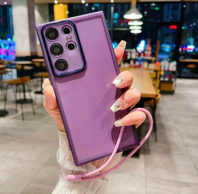 1pc Purple Precision Hole Shockproof Electroplated Frame Lens Film Protection Diy Silicone Phone Lanyard Tpu Soft Case Compatible With Apple, Samsung, Xiaomi, Oppo Protective Cover