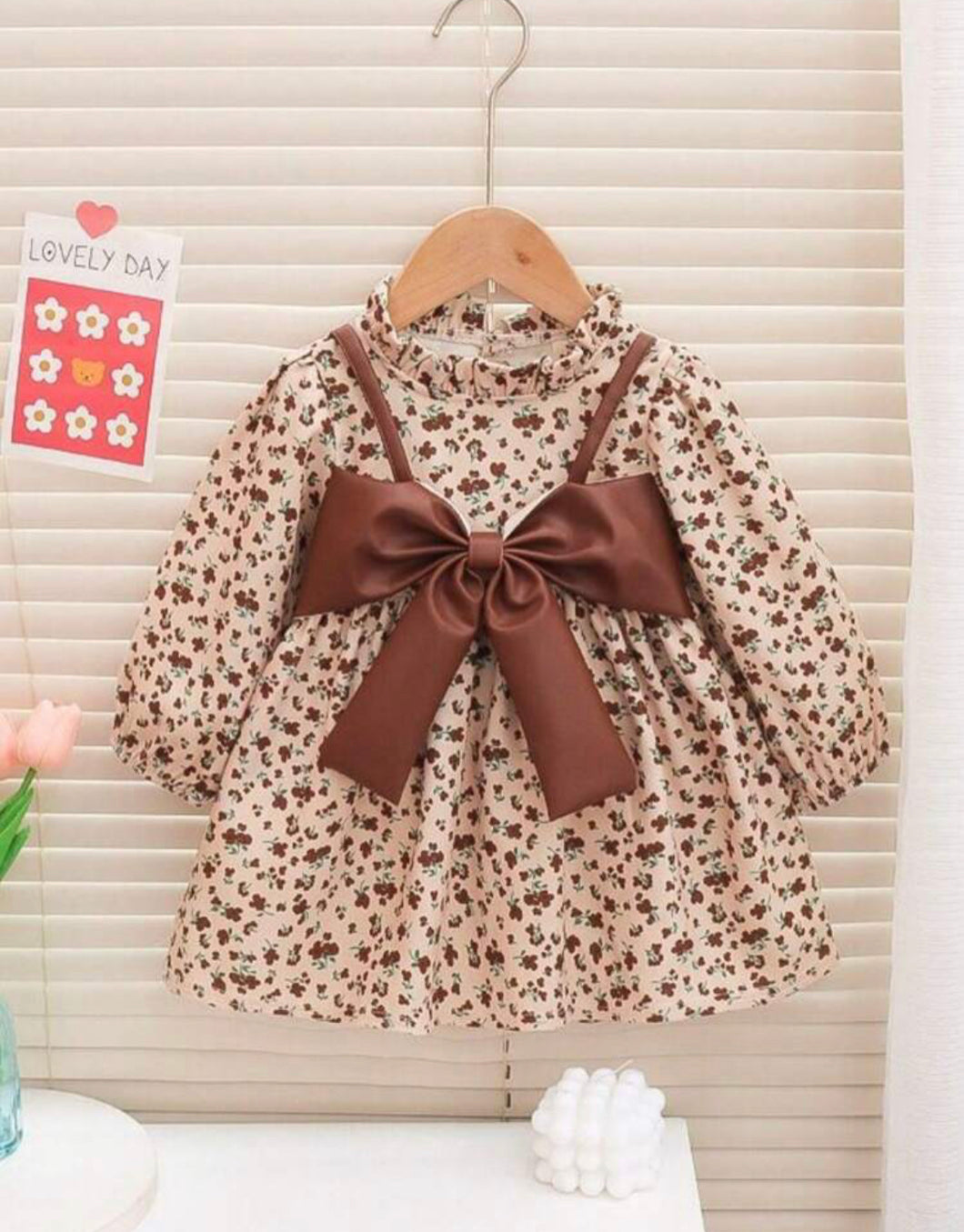 Baby Girl Ditsy Floral Print Frill Trim Flounce Sleeve Bow Front Dress