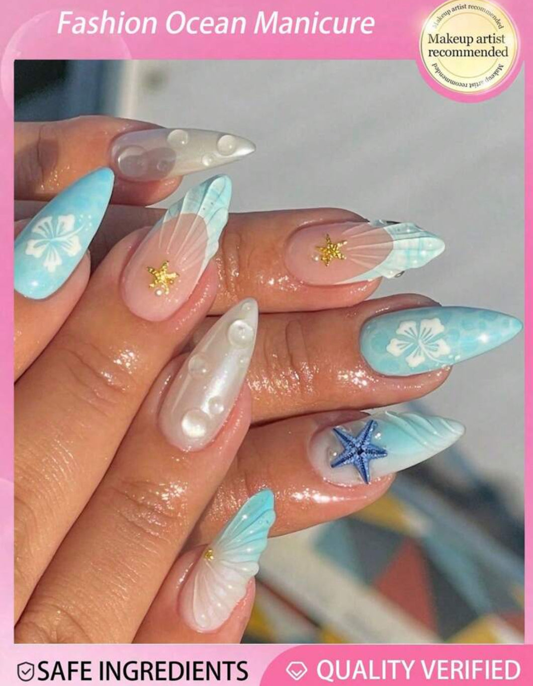 24 قطعة أظافر صيفية باشكال بحرية زهرية ثلاثية الأبعاد بها صدف, نجوم بحرية, لؤلؤ ذهبي, وقطرات مياه, مناسبة للبنات والنساء للاستخدام اليومي,العطلات,الربيع/الصيف, مع جل وملف أظافر