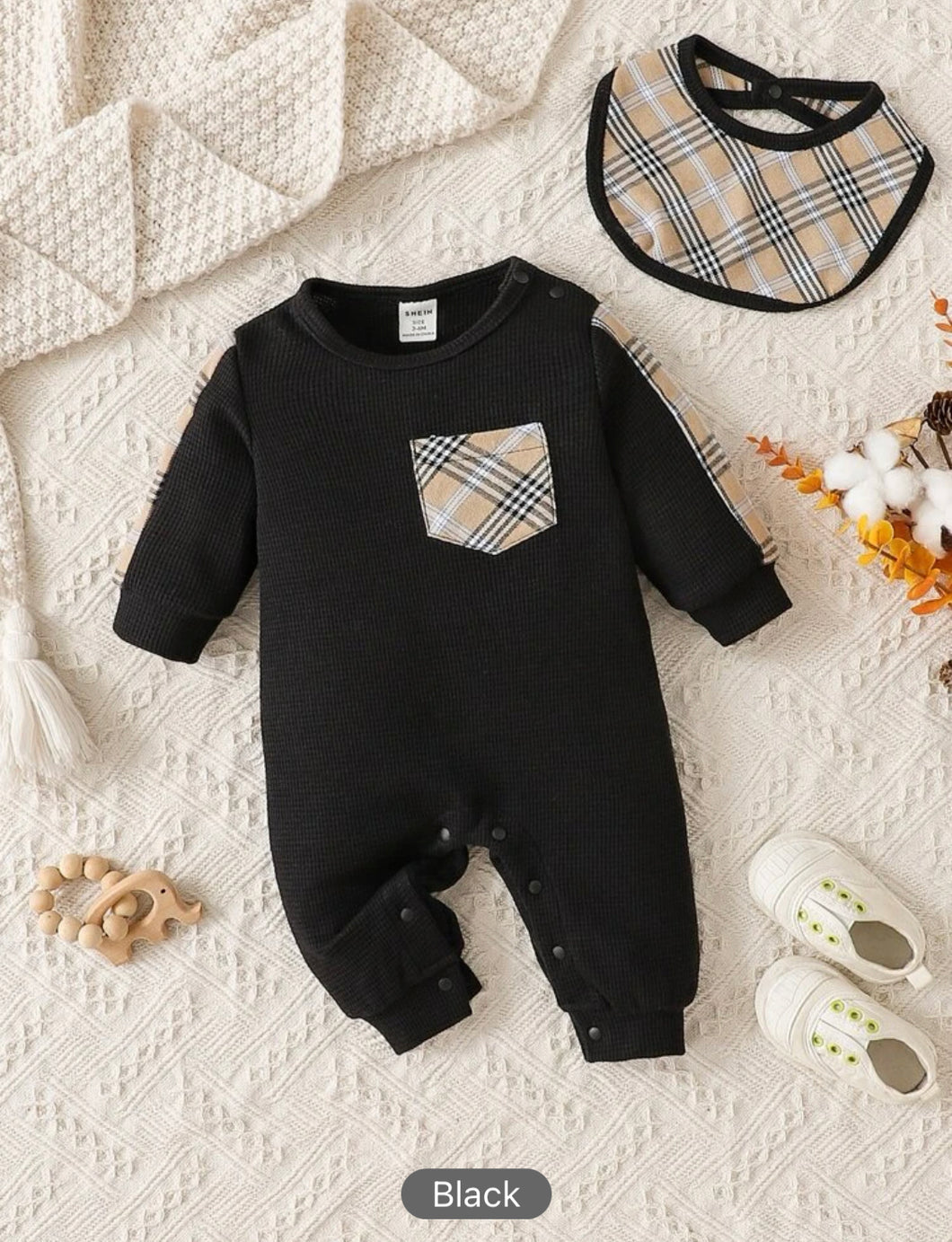 Baby Boy Plaid Patched Pocket Jumpsuit & Bib