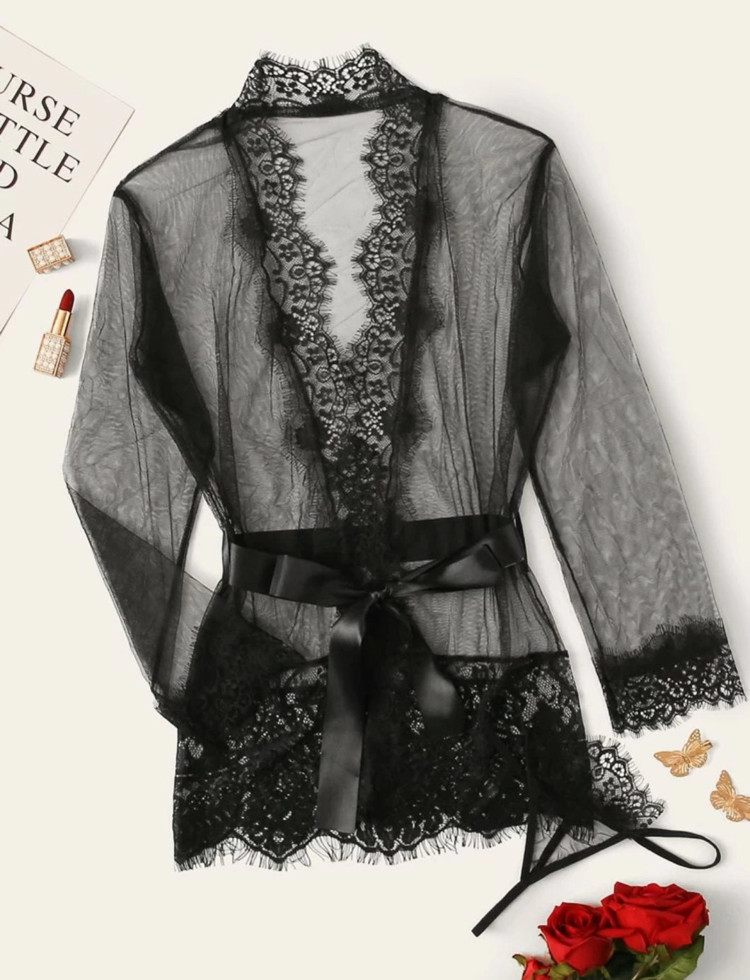 Classic Sexy روب بحزام شفاف دانتيل متباين مع سروال داخلي