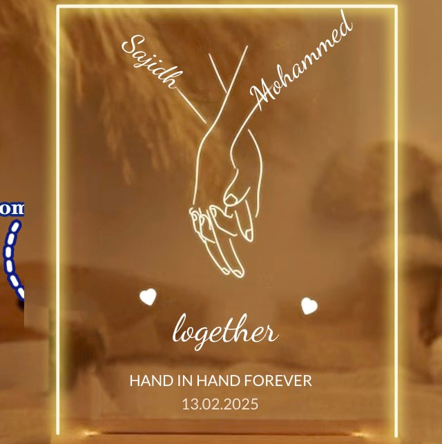 1PC Rectangular Vertical Acrylic Hand In Hand Custom Text 3D Light, Meaningful Gift, Commemorative Gift, Custom Text, Special Gift Acrylic Print Design Selection, Mom Gift/Couple/Best Friend Gift Room Decoration Night Light Sleep Light Surprise Gift Beaut