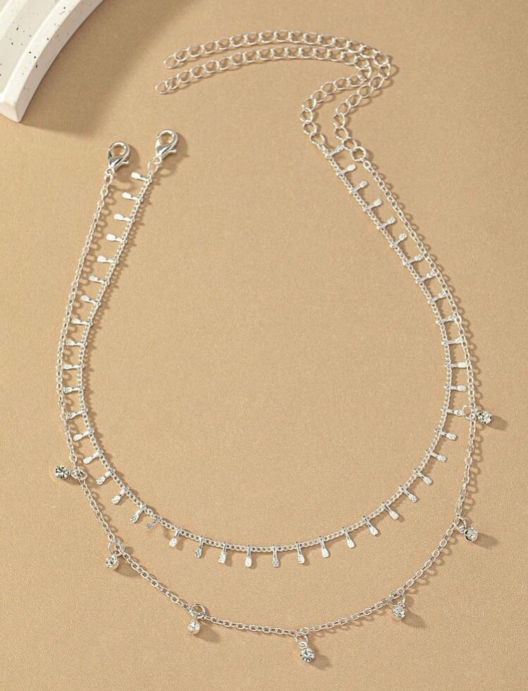 2pcs/Set European & American Style Alloy Multi-Layer Pressed Flower Collarbone Chain Rhinestone Decor Pendant Necklace