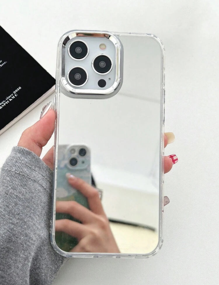 Apple 1pc Plating Button Frame Mirror Makeup Mirror Transparent Phone Case Compatible With IPhone