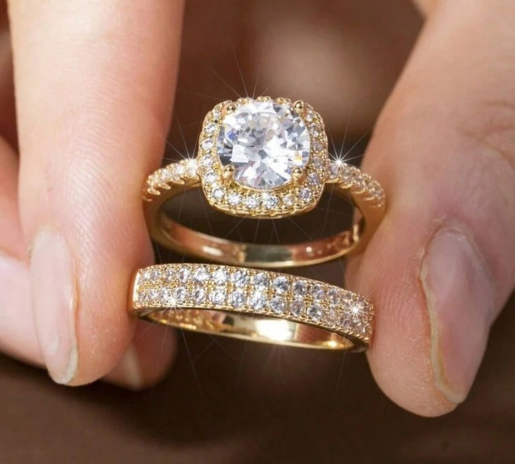 2 قطعة/مجموعة خاتمي خطوبة من سبيكة الذهب اللامع والزيركون مناسبة للارتداء اليومي ، حفلات الزفاف والخطوبة وأعياد الحب والميلاد هدية