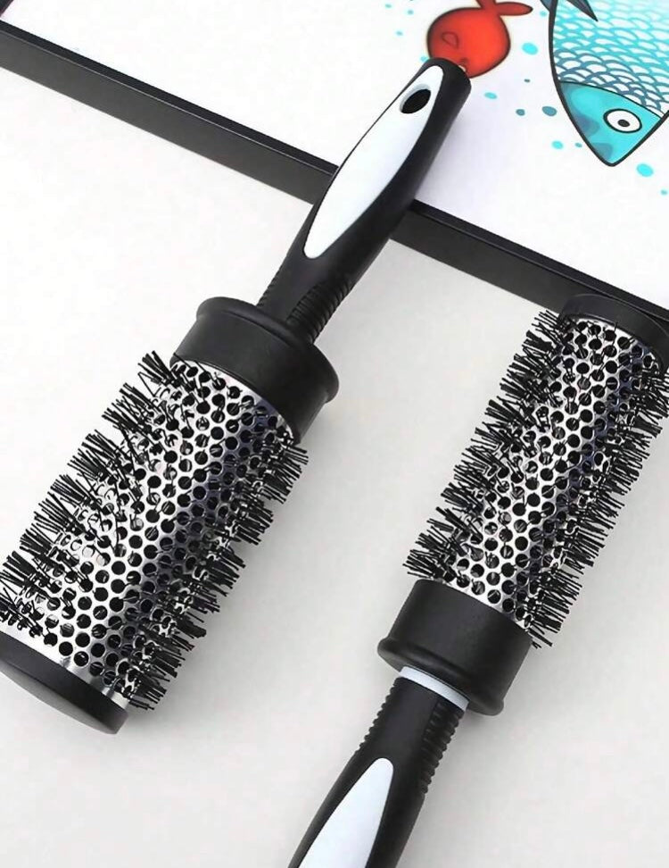1pc Black Nylon Hair Comb With Heat-Conductive Aluminum Barrel, Round Tube Curling Comb & Bangs Styling Tool