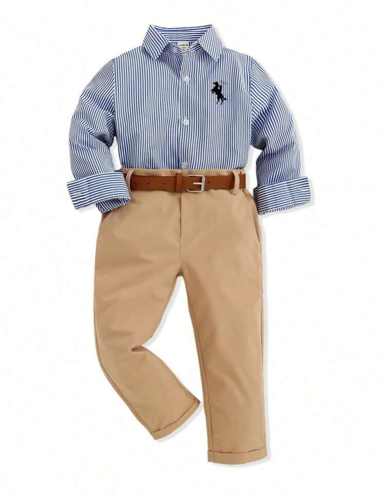 Boys 2pcs Outfit - Gentleman Striped Shirt And Pants Set, Kids Winter Coat, Boys Long Sleeve Shirt, Christmas Sweatshirt And Pants, Boys Winter Jacket, Long Sleeve Blouse