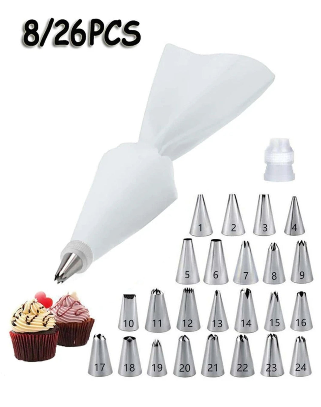 26 قطعة، مجموعة أدوات تزيين الكيك الكاملة مع حقيبة تزيين قابلة لإعادة الاستخدام ووصلة - مثالية لصنع الكعك بنفسك، وصنع البسكويت، والخبز - أدوات وإكسسوارات المطبخ الأساسية للخبازين المنزليين