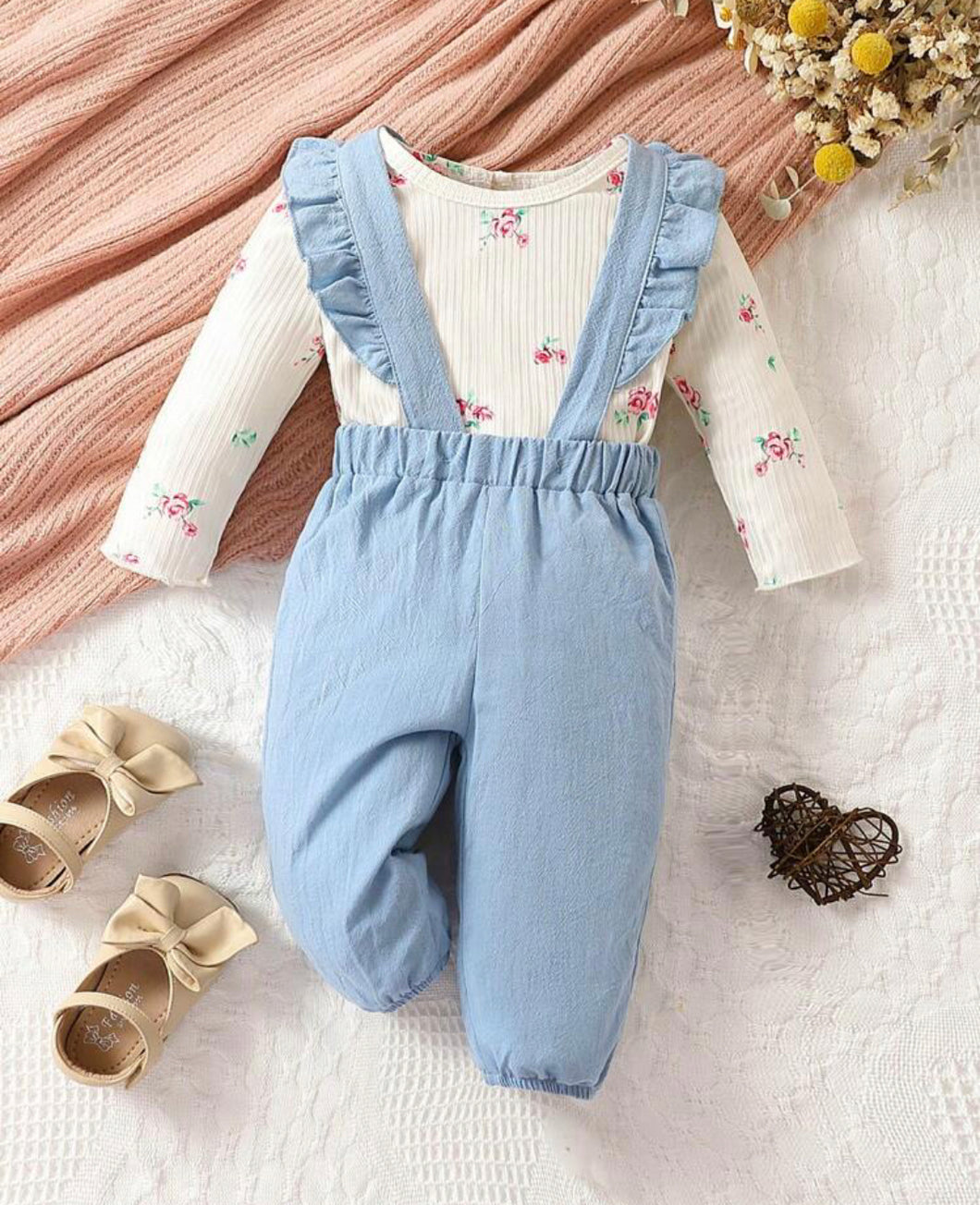 Baby Girl Floral Print Tee & Ruffle Trim Suspender Pants