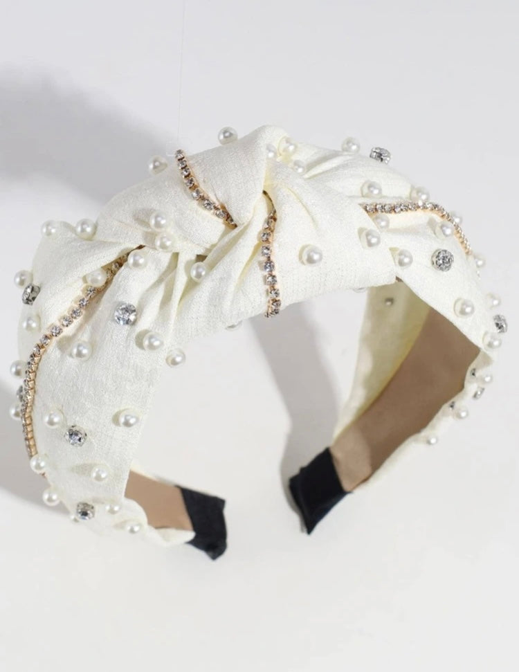 1pc Women's Faux Pearl & Rhinestone Decor Fabric Wide Headband, Suitable For Daily Wear