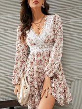 Load image into Gallery viewer, SHEIN Frenchy Ditsy Floral Print Guipure Lace Insert Lantern Sleeve Dress
