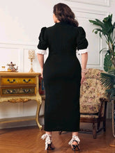 Load image into Gallery viewer, SHEIN Modely مقاس كبير فستان ياقة بفتحة اكمام منتفخة صف ازرار مزدوجة
