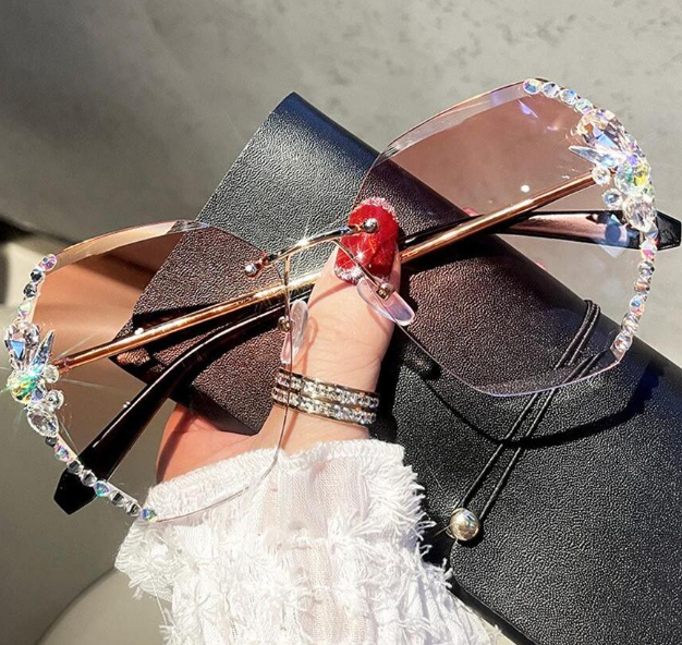 1pair Women Rhinestone Decor Rimless Fashion Sunglasses, For Outdoor Decoration