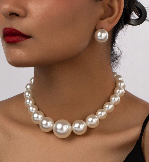 1set Faux Pearl Earrings & Exaggerated Fashionable Faux Pearl Necklace