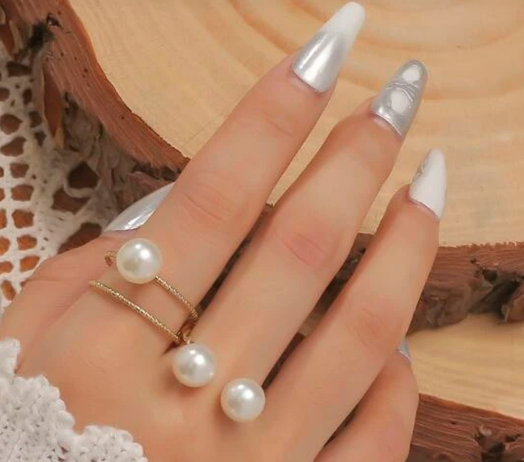 2pcs Simple Pearl Open Ring Set For Women, Suitable For Daily Wear