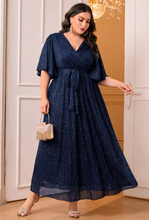 Load image into Gallery viewer, SHEIN Najma Plus Surplice Neck Butterfly Sleeve Belted Glitter Dress
