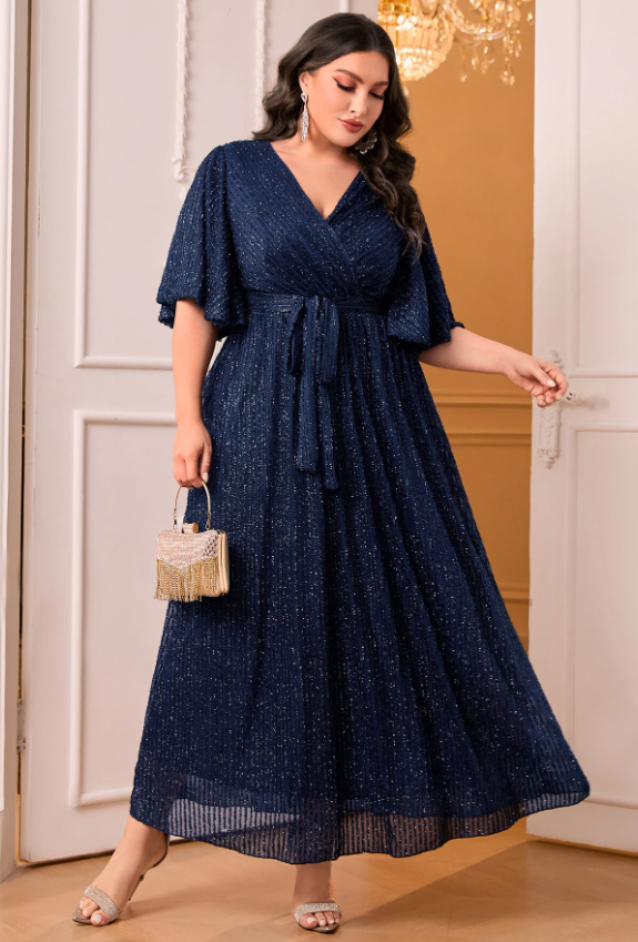 SHEIN Najma Plus Surplice Neck Butterfly Sleeve Belted Glitter Dress