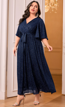 Load image into Gallery viewer, SHEIN Najma Plus Surplice Neck Butterfly Sleeve Belted Glitter Dress
