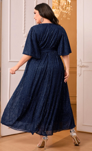 Load image into Gallery viewer, SHEIN Najma Plus Surplice Neck Butterfly Sleeve Belted Glitter Dress
