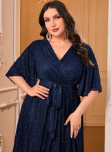 Load image into Gallery viewer, SHEIN Najma Plus Surplice Neck Butterfly Sleeve Belted Glitter Dress

