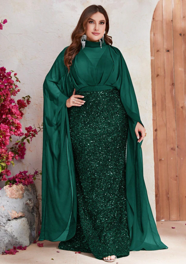 Giffniseti Plus Cloak Sleeve Sequin Formal Dress