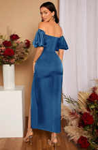 Load image into Gallery viewer, SHEIN Belle Off Shoulder Twist Front Split Thigh Satin Bridesmaid Dress
