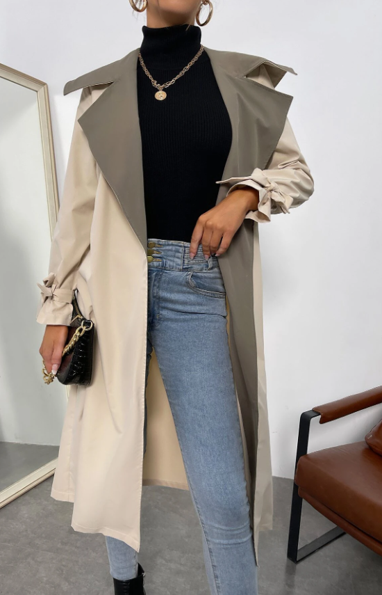 SHEIN Privé Contrast Collar Knot Cuff Belted Trench Coat