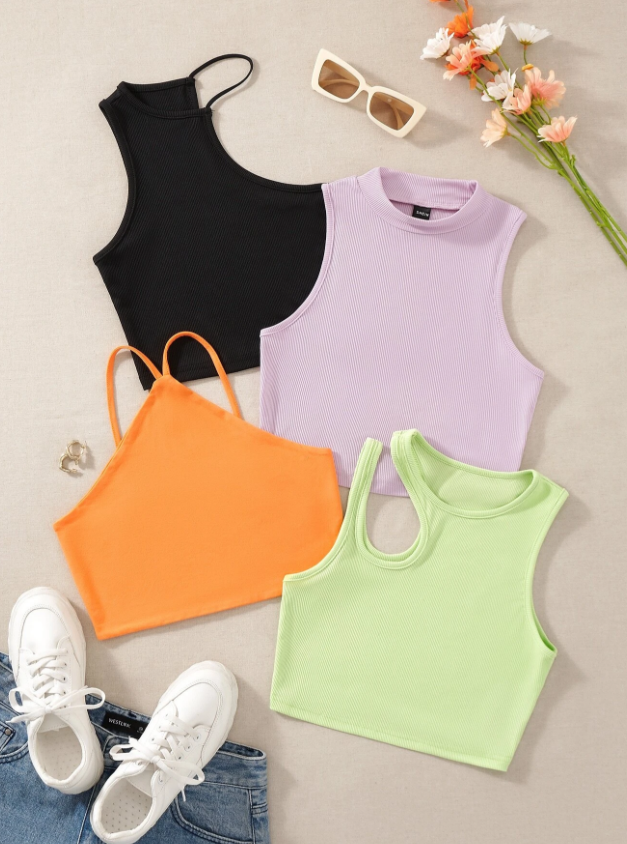 4pcs Cut Out Asymmetrical Neck Ribbed Knit Tank Top