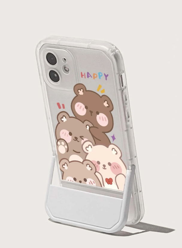 Cartoon Bear Print Clear Phone Case With Invisible Holder