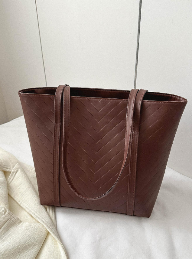 Chevron Pattern Shoulder Tote Bag Brown Fashionable Double Handle