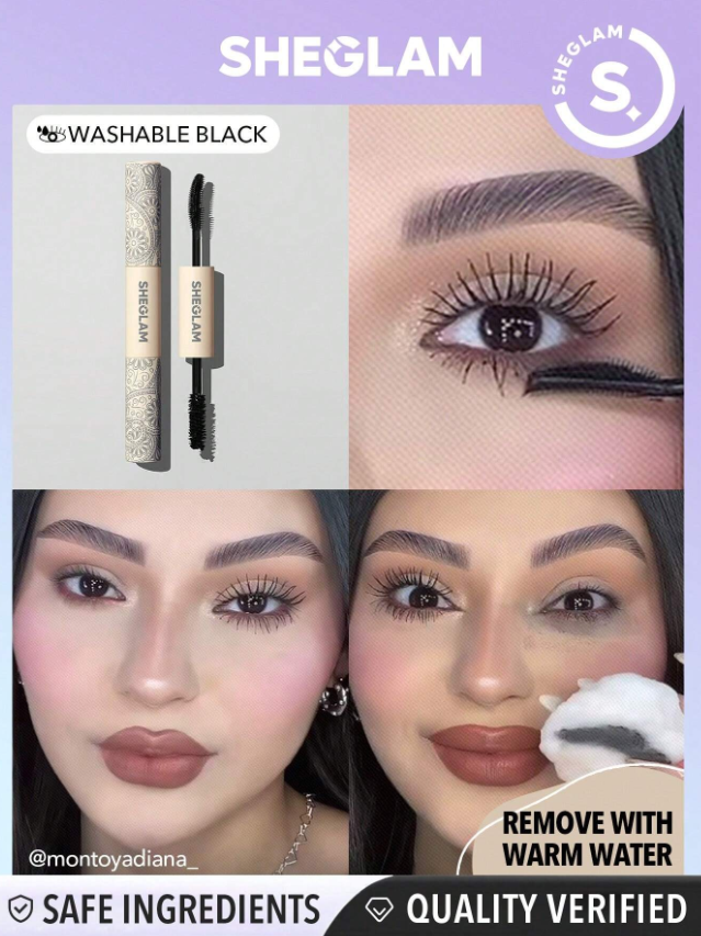 SHEGLAM All-In-One Volume & Length Mascara-Washable Black 2 In 1 Double Head Brush Easy To Remove No Smudge Curling Separation Thick  Black Mascara Eye Makeup