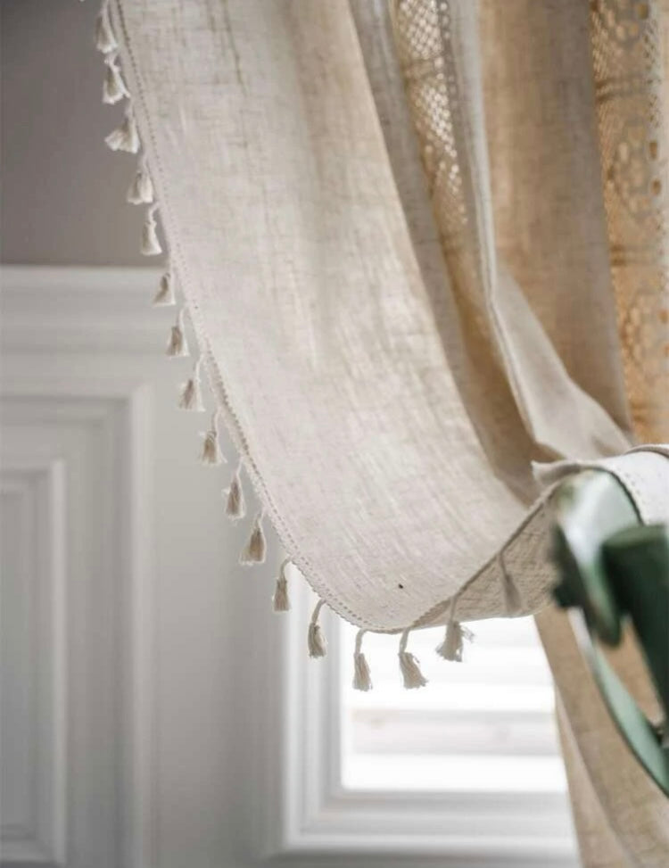 1pc Patchwork Tassel Decor Single Panel Curtain, Tassel Detail Rod Pocket Curtain For Home Decor