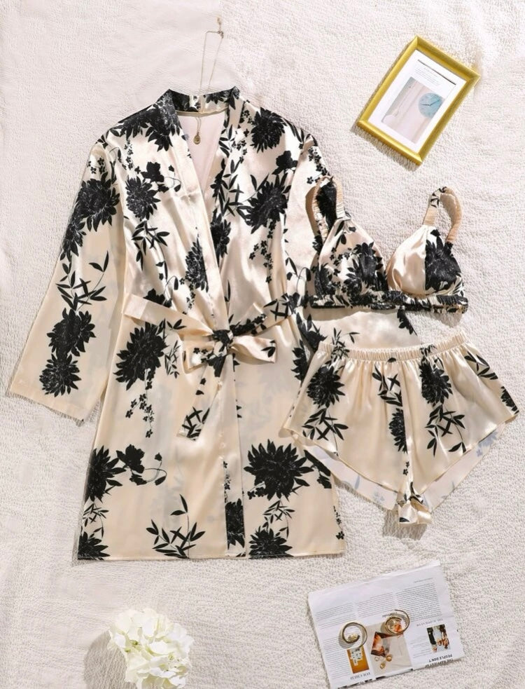 3pcs Floral Print Belted Satin Night Set