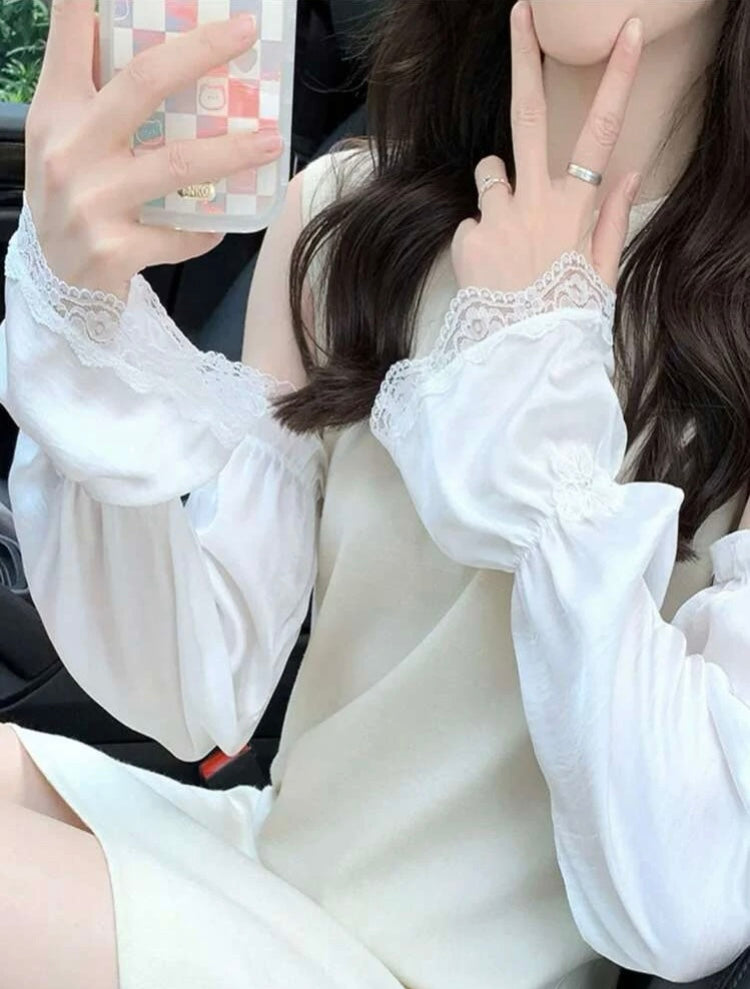 1pair Women Butterfly Decor Contrast Lace Sun Protection Fashionable Arm Sleeves For Summer