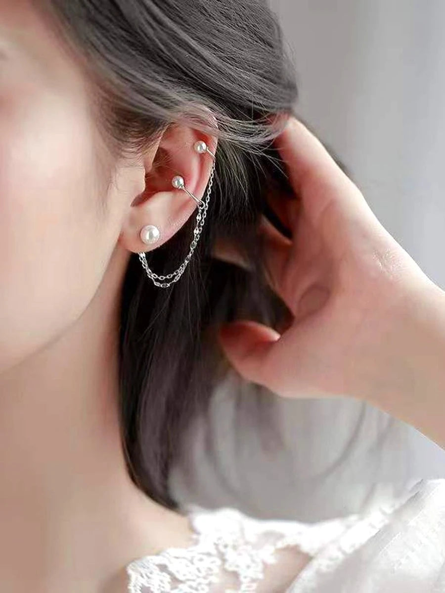 1pc Faux Pearl & Chain Decor Earring