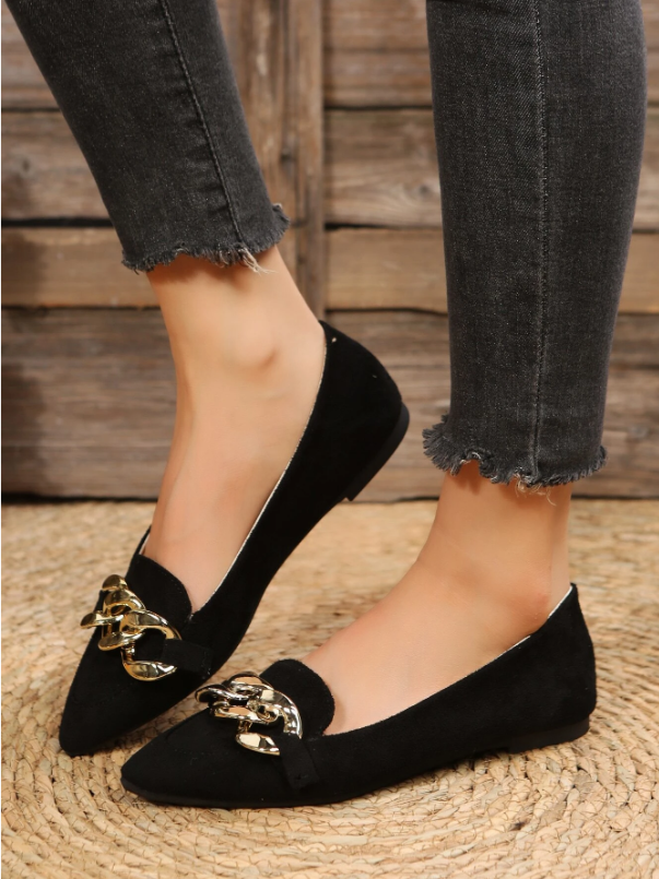 Chain Decor Faux Suede Flat Loafers