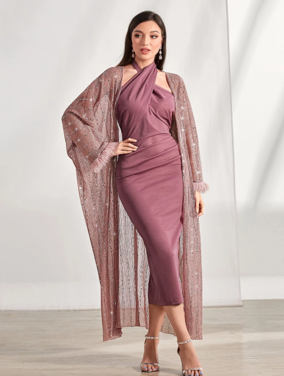 Contrast Sequin Fuzzy Cuff Coat & Bodycon Dress