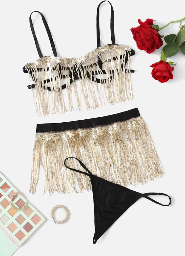 3pack Cut Out Fringe Hem Underwire Lingerie Set