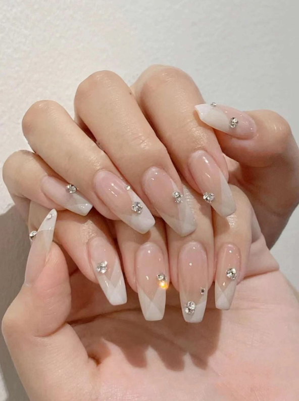 24pcs Long Coffin Rhinestone Decor Fake Nail & 1pc Nail File & 1sheet Nail Tape