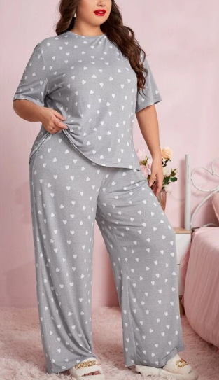 SHEIN Plus Allover Heart Print PJ Se