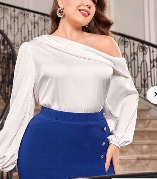 SHEIN Modely Plus Asymmetrical Neck Lantern Sleeve Satin Blouse