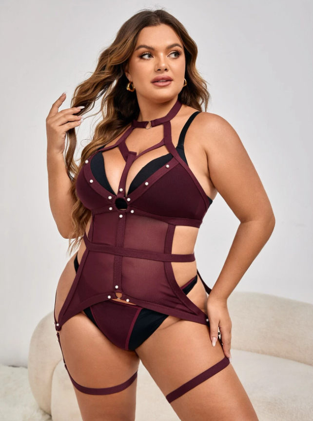 Plus Mesh Pearl Detail Cut Out Lingerie Set Without Liner
