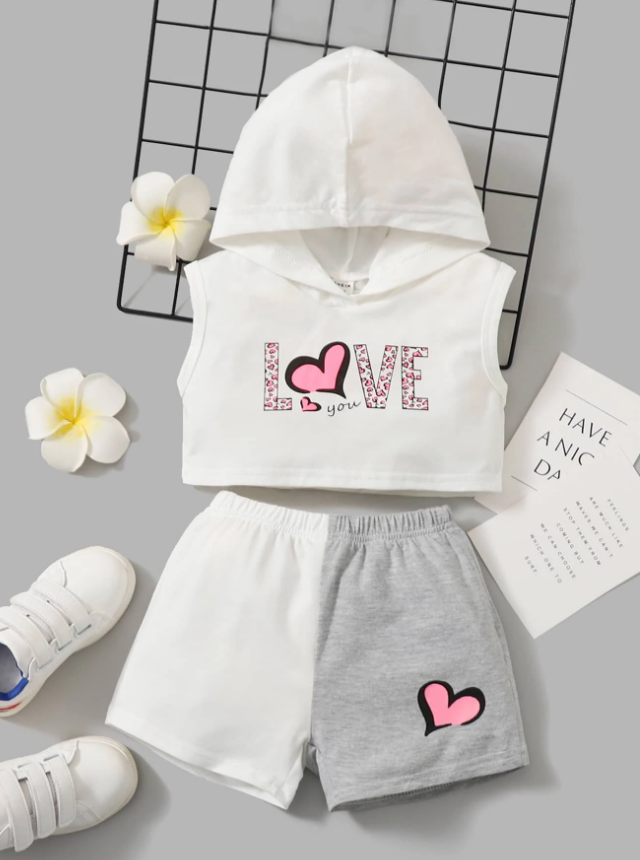 Baby Heart & Letter Graphic Hooded Tank Top & Colorblock Shorts