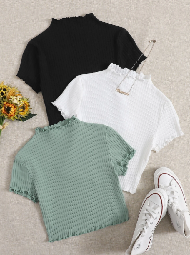 SHEIN EZwear 3pcs Solid Rib-knit Frill Tee