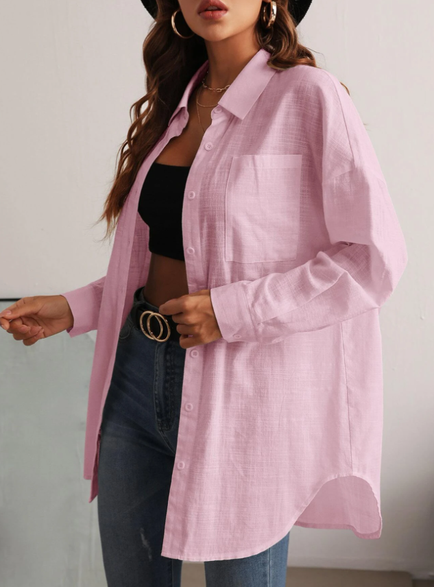 Pocket Patched Button Front Drop Shoulder Blouse