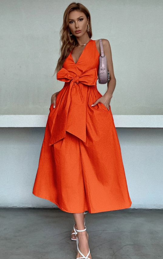 Big Bow Front Hidden Pocket Backless Dress