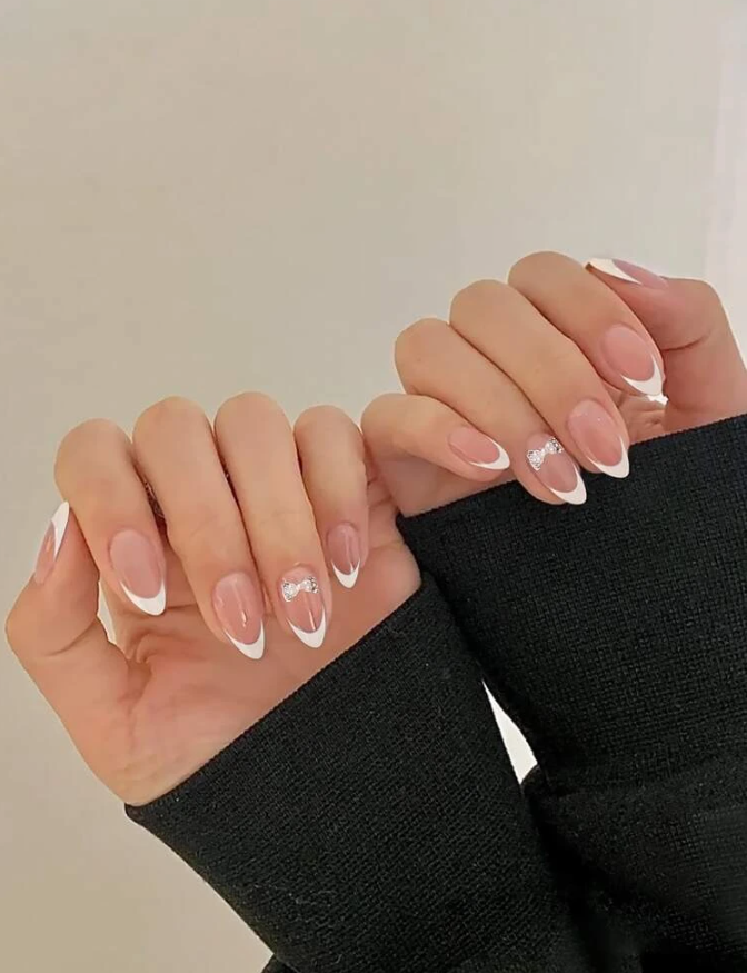 24pcs Long Almond 3D Bow Decor Fake Nail & 1pc Nail File & 1sheet Tape