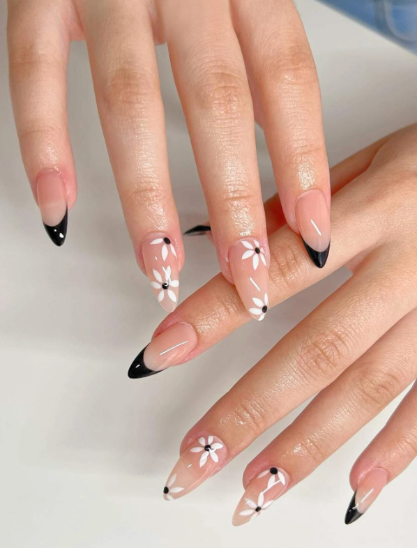 24pcs Long Almond Floral Pattern Fake Nail & 1sheet Tape & 1pc Nail File